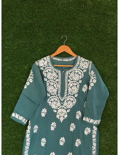 Chhangamal Hand Embroidered Green Colour Modal Chikankari Kurti