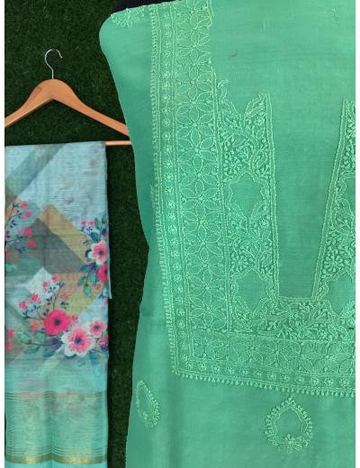 Chhangamal Hand Embroidered Green Colour Mul Chanderi Chikankari Kurta Dupatta Piece