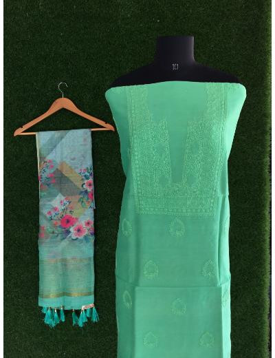 Chhangamal Hand Embroidered Green Colour Mul Chanderi Chikankari Kurta Dupatta Piece
