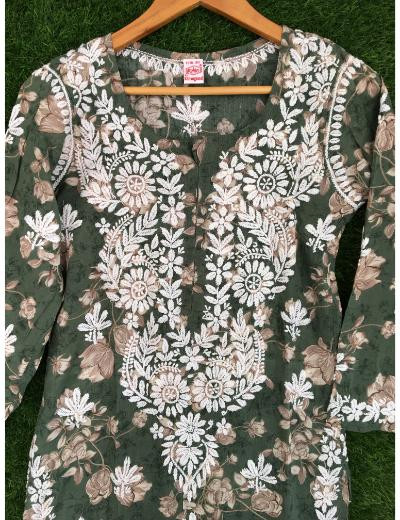 Chhangamal Hand Embroidered Green Colour Mul Cotton Chikankari Kurti