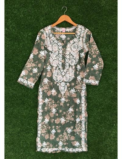 Chhangamal Hand Embroidered Green Colour Mul Cotton Chikankari Kurti