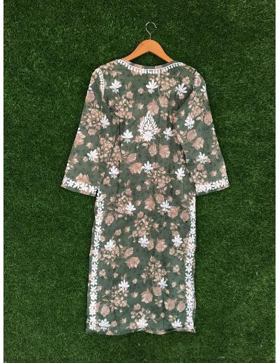 Chhangamal Hand Embroidered Green Colour Mul Cotton Chikankari Kurti