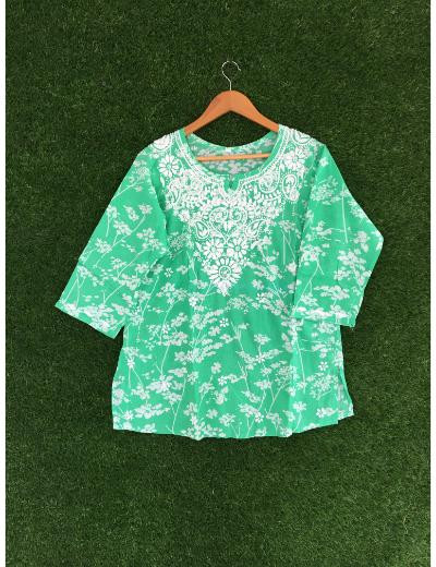 Chhangamal Hand Embroidered Green Colour Mul Cotton Chikankari Top