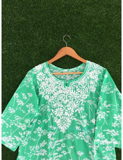 Chhangamal Hand Embroidered Green Colour Mul Cotton Chikankari Top
