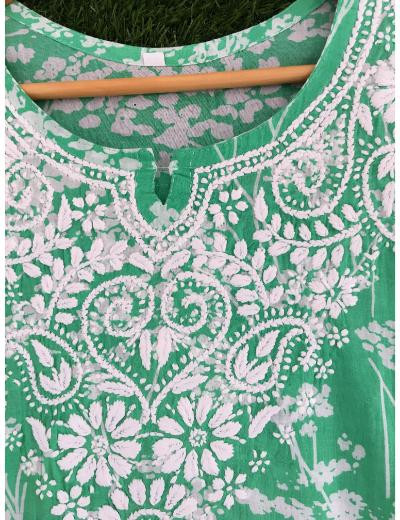 Chhangamal Hand Embroidered Green Colour Mul Cotton Chikankari Top