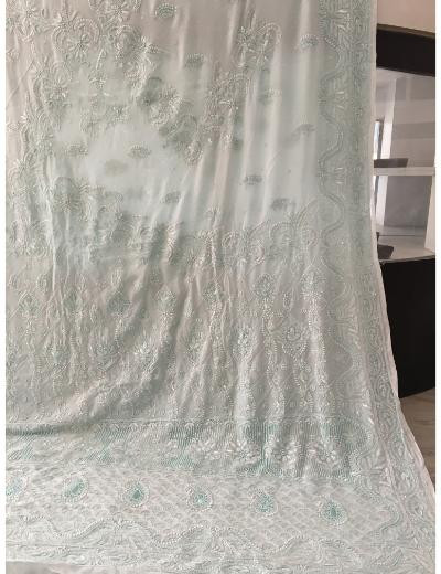 Chhangamal Hand Embroidered Green Colour Pure Georgette  Chikankari Saree Piece