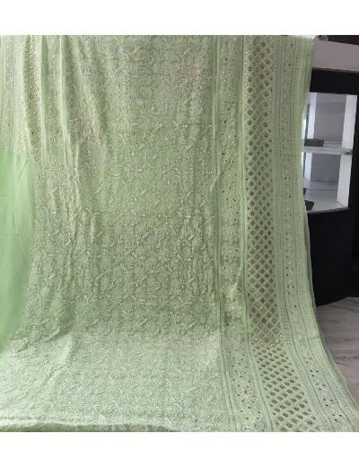 Chhangamal Hand Embroidered Green Colour Pure Georgette  Chikankari Saree Piece