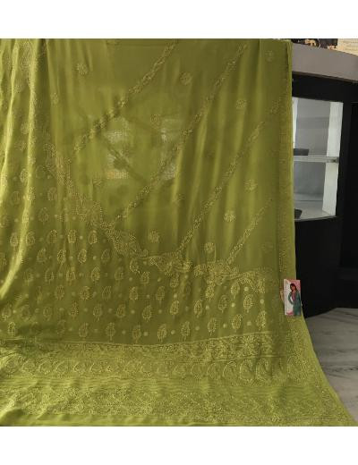Chhangamal Hand Embroidered Green Colour Pure Georgette  Chikankari Saree Piece