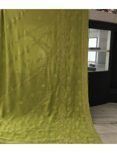 Chhangamal Hand Embroidered Green Colour Pure Georgette  Chikankari Saree Piece