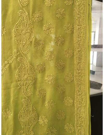 Chhangamal Hand Embroidered Green Colour Pure Georgette  Chikankari Saree Piece