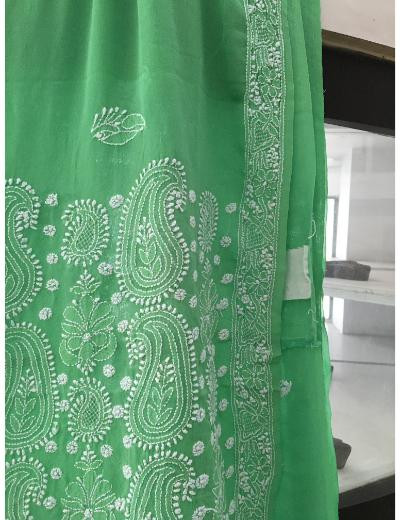 Chhangamal Hand Embroidered Green Colour Pure Georgette Chikankari Saree