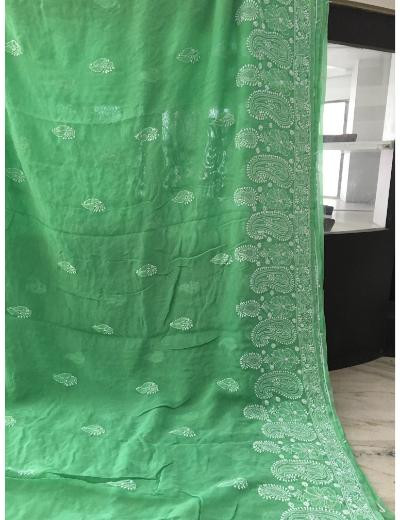 Chhangamal Hand Embroidered Green Colour Pure Georgette Chikankari Saree