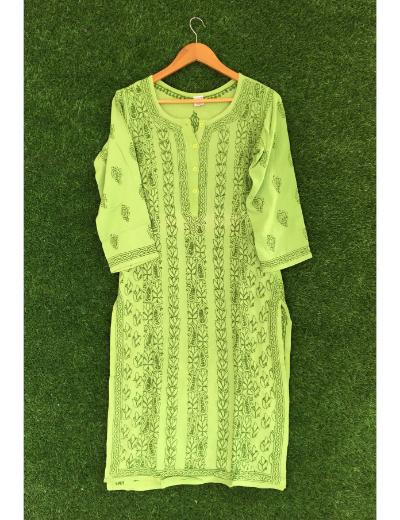 Chhangamal Hand Embroidered Green Colour Reyon Chikankari kurti