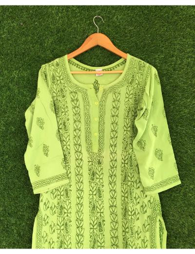 Chhangamal Hand Embroidered Green Colour Reyon Chikankari kurti