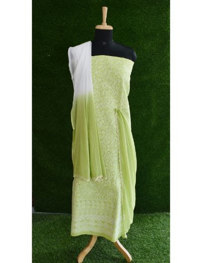 Chhangamal Hand Embroidered Green Colour Unstitched Cotten Chikankari Suit Length