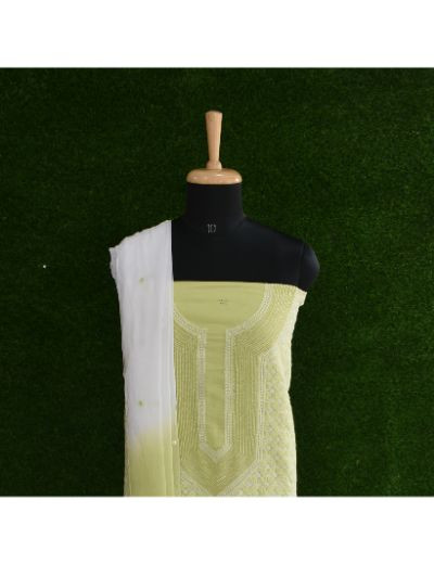 Chhangamal Hand Embroidered Green Colour Unstitched Cotten Chikankari Suit Length