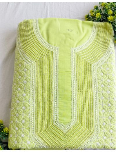 Chhangamal Hand Embroidered Green Colour Unstitched Cotten Chikankari Suit Length