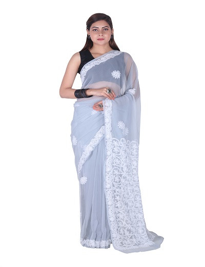 Chhangamal Hand Embroidered Grey Chikankari Faux Georgette Saree