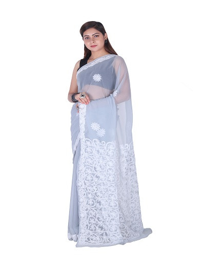 Chhangamal Hand Embroidered Grey Chikankari Faux Georgette Saree
