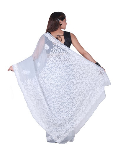 Chhangamal Hand Embroidered Grey Chikankari Faux Georgette Saree