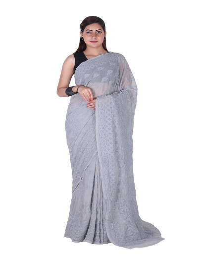Chhangamal Hand Embroidered Grey Chikankari Georgette Saree