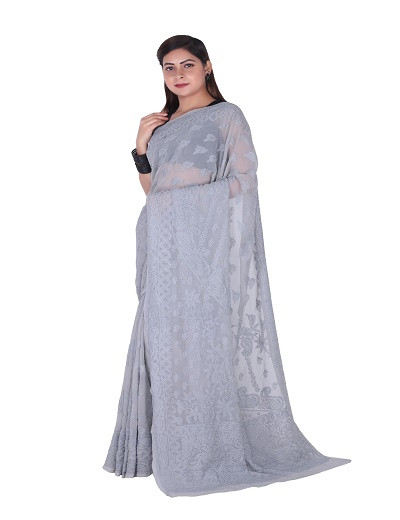 Chhangamal Hand Embroidered Grey Chikankari Georgette Saree