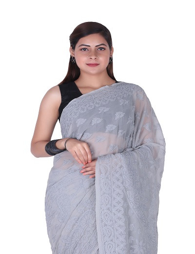 Chhangamal Hand Embroidered Grey Chikankari Georgette Saree