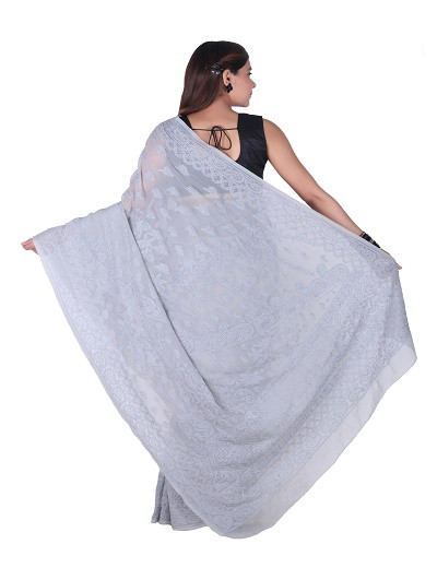 Chhangamal Hand Embroidered Grey Chikankari Georgette Saree
