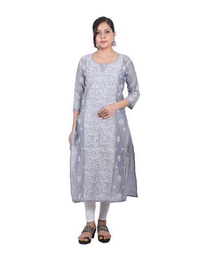 Chhangamal Hand Embroidered Grey Colour Chanderi Cotton Chikankari Kurti