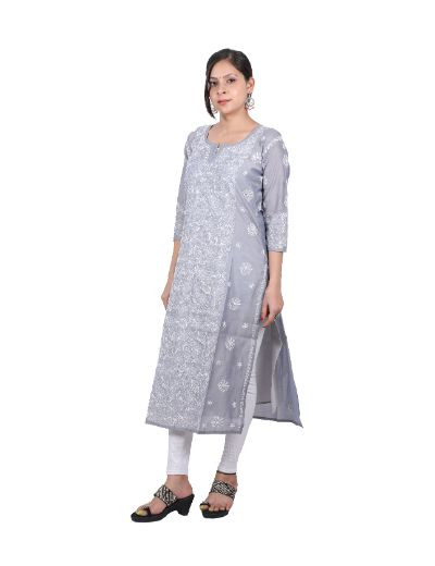 Chhangamal Hand Embroidered Grey Colour Chanderi Cotton Chikankari Kurti