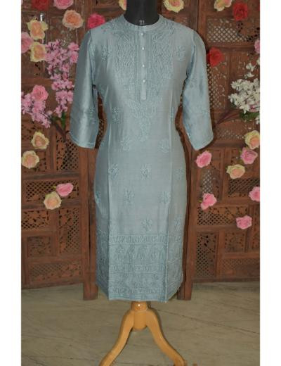 Chhangamal Hand Embroidered Grey Colour Chanderi Silk Kurti