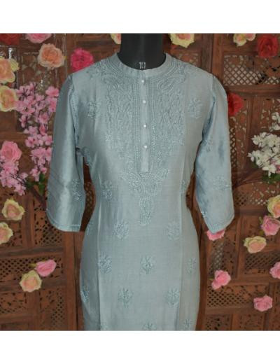 Chhangamal Hand Embroidered Grey Colour Chanderi Silk Kurti