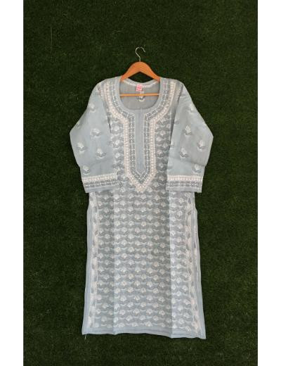 Chhangamal Hand Embroidered Grey Colour Cotton Chikankari kurti