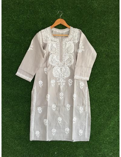 Chhangamal Hand Embroidered Grey Colour Cotton Chikankari Kurti