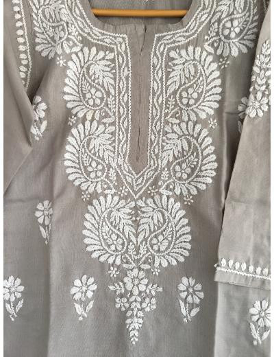Chhangamal Hand Embroidered Grey Colour Cotton Chikankari Kurti