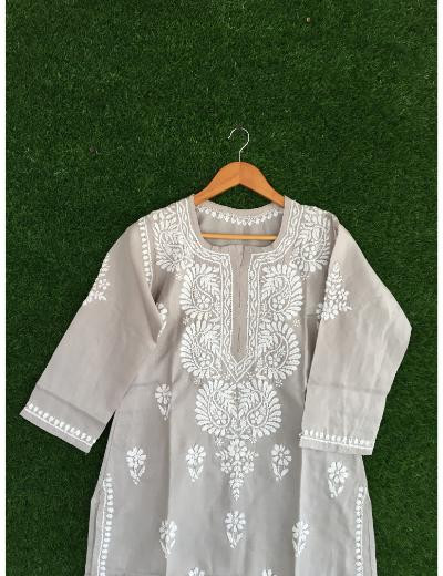 Chhangamal Hand Embroidered Grey Colour Cotton Chikankari Kurti