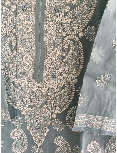 Chhangamal Hand Embroidered Grey Colour Cotton Chikankari Kurti