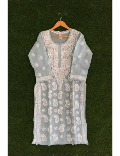 Chhangamal Hand Embroidered Grey Colour Cotton Chikankari Kurti