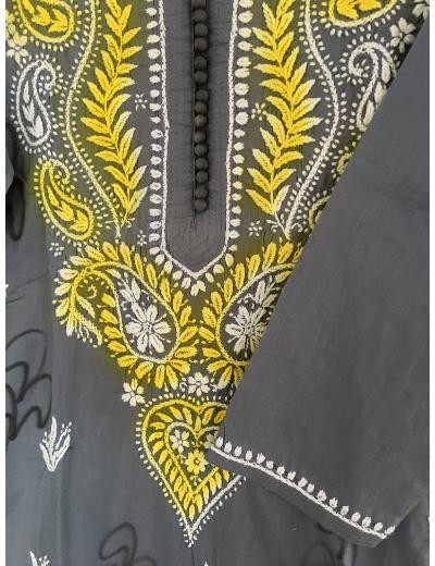 Chhangamal Hand Embroidered Grey Colour Cotton Chikankari Kurti
