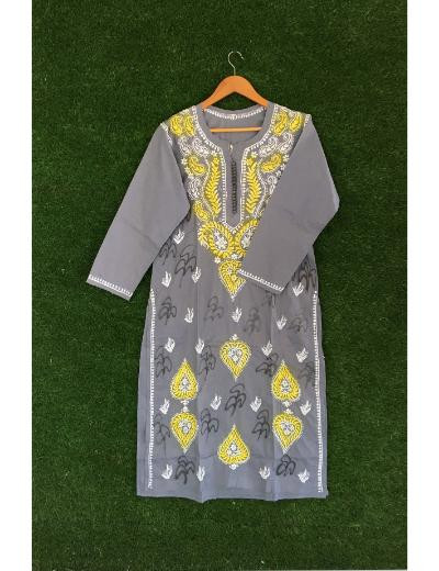 Chhangamal Hand Embroidered Grey Colour Cotton Chikankari Kurti