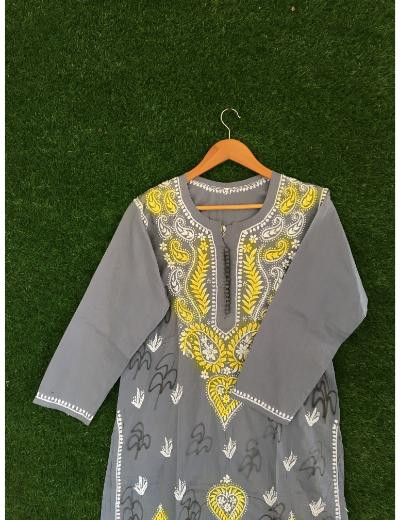 Chhangamal Hand Embroidered Grey Colour Cotton Chikankari Kurti