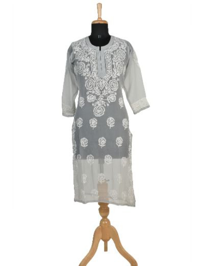 Chhangamal Hand Embroidered Grey Colour Faux Georgette Chikankari Kurti