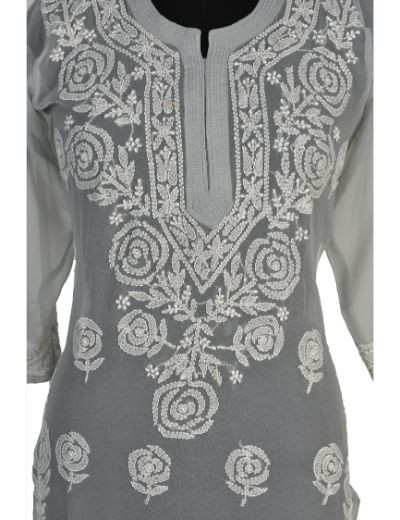 Chhangamal Hand Embroidered Grey Colour Faux Georgette Chikankari Kurti