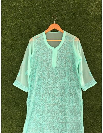 Chhangamal Hand Embroidered Grey Colour Georgette Chikankari Kurti