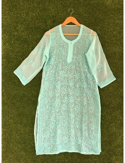 Chhangamal Hand Embroidered Grey Colour Georgette Chikankari kurti