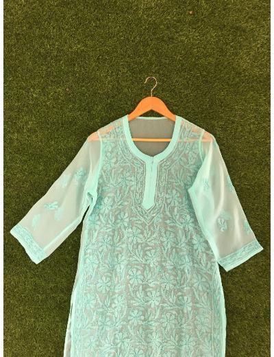 Chhangamal Hand Embroidered Grey Colour Georgette Chikankari kurti