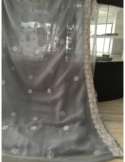 Chhangamal Hand Embroidered Grey Colour Georgette Chikankari Saree