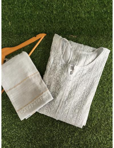 Chhangamal Hand Embroidered Grey Colour Mul Chanderi Chikankari Kurta Dupatta Piece