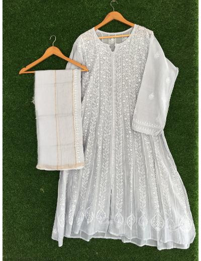 Chhangamal Hand Embroidered Grey Colour Mul Chanderi Chikankari Kurta Dupatta Piece