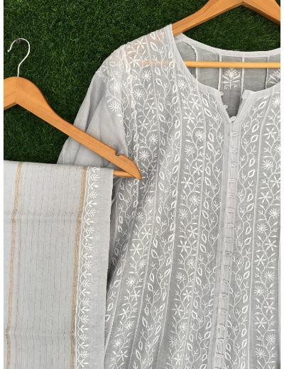 Chhangamal Hand Embroidered Grey Colour Mul Chanderi Chikankari Kurta Dupatta Piece